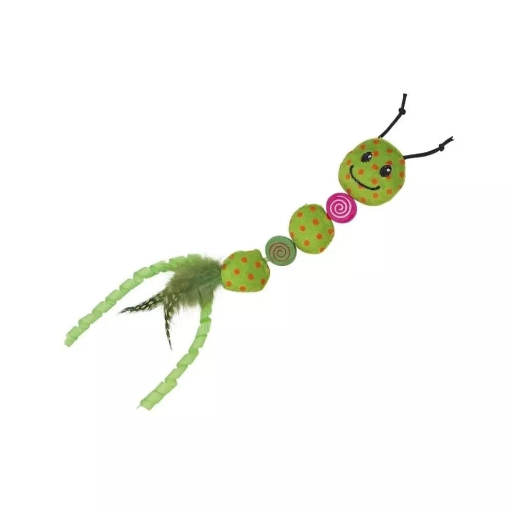 Žaislas katėms pliušinis kirminas su plunksnomis ir katžole, 24 cm