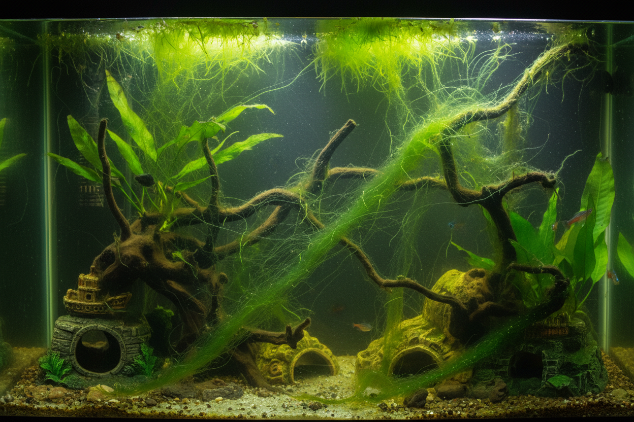 Siūliniai dumbliai akvariume – priežastys ir efektyvus sprendimas