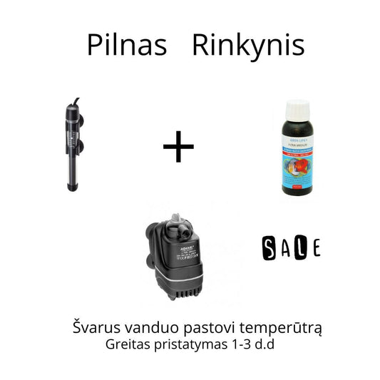 Mini Akvariumo Komforto Rinkinys : Filtras + Šildytuvas su Termostatu + Vandens Kondicionierius : Nemokamas pristatymas