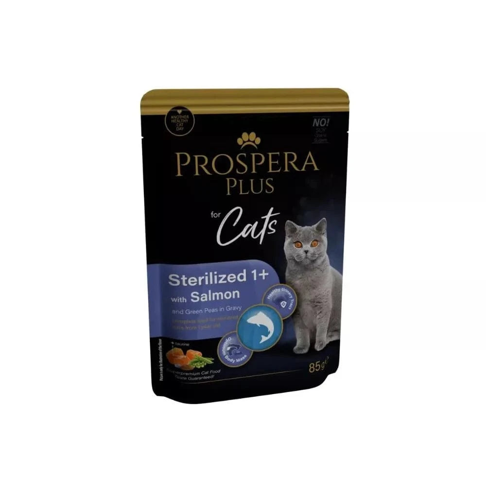 Guliašas sterilizuotoms katėms Prospera su lašiša ir žaliaisiais žirneliais, 85 g
