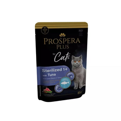 Guliašas sterilizuotoms katėms Prospera su tunu ir žaliosiomis pupelėmis, 85 g