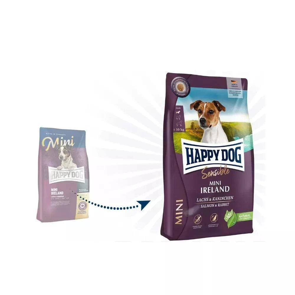Happy Dog Mini Ireland visavertis pašaras mažų veislių suaugusiems šunims su triušiena ir lašiša, 300 g