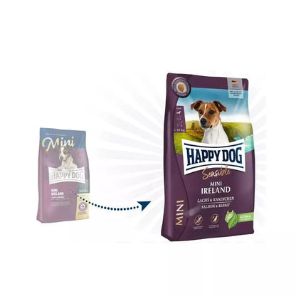 Happy Dog Mini Ireland visavertis pašaras mažų veislių suaugusiems šunims su triušiena ir lašiša, 300 g