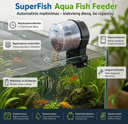 SuperFish automatinė akvariumo šėrykla su laikmačiu 1–3 šėrimai per dieną.    🧳                                     Idealus sprendimas keliaujantiems žuvys pamaitintos net kai tavęs nėra🧳