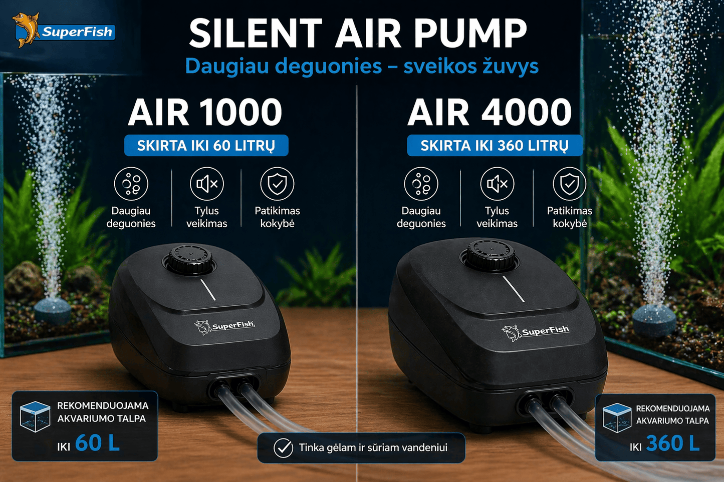 Tylus Akvariumo Burbuliatorius iki 60L – Daugiau Deguonies, Sveikesnės Žuvys (Silent Air 1000)