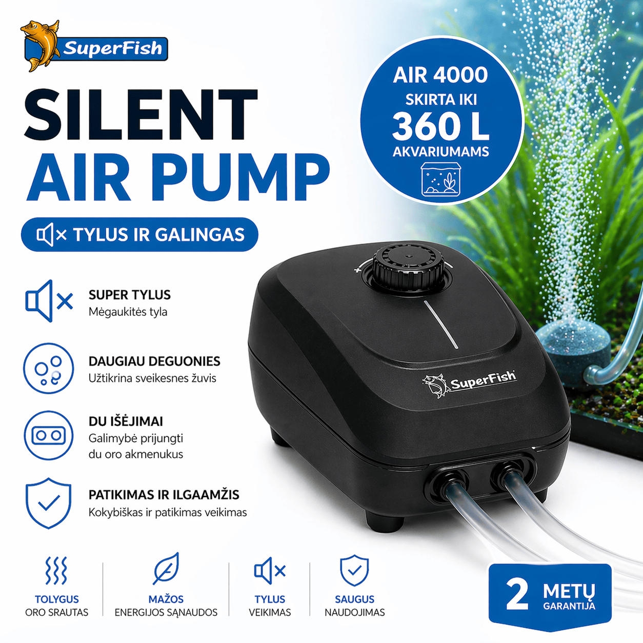 Tylus Akvariumo Burbuliatorius iki 60L – Daugiau Deguonies, Sveikesnės Žuvys (Silent Air 1000)