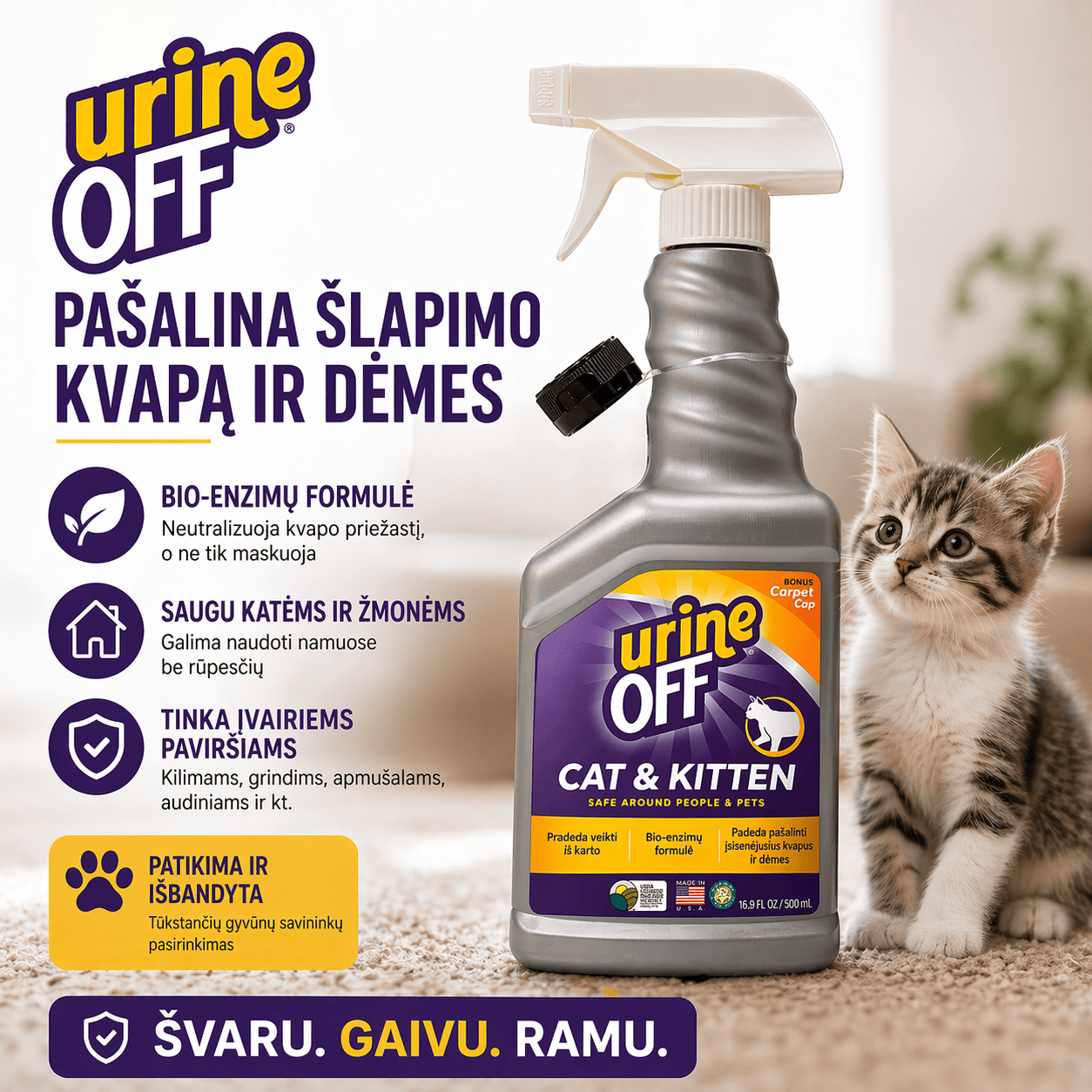 Urine Off Cat & Kitten 500 ml – šlapimo kvapo ir dėmių valiklis katėms efektyvus kvapų neutralizatorius