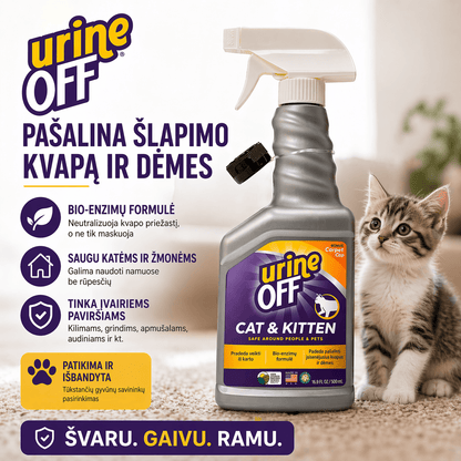 Urine Off Cat & Kitten 500 ml – šlapimo kvapo ir dėmių valiklis katėms efektyvus kvapų neutralizatorius