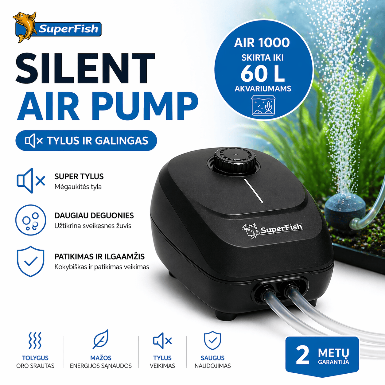 Tylus Akvariumo Burbuliatorius iki 60L – Daugiau Deguonies, Sveikesnės Žuvys (Silent Air 1000)