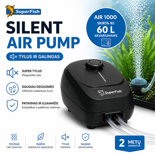 Tylus Akvariumo Burbuliatorius iki 60L – Daugiau Deguonies, Sveikesnės Žuvys (Silent Air 1000)