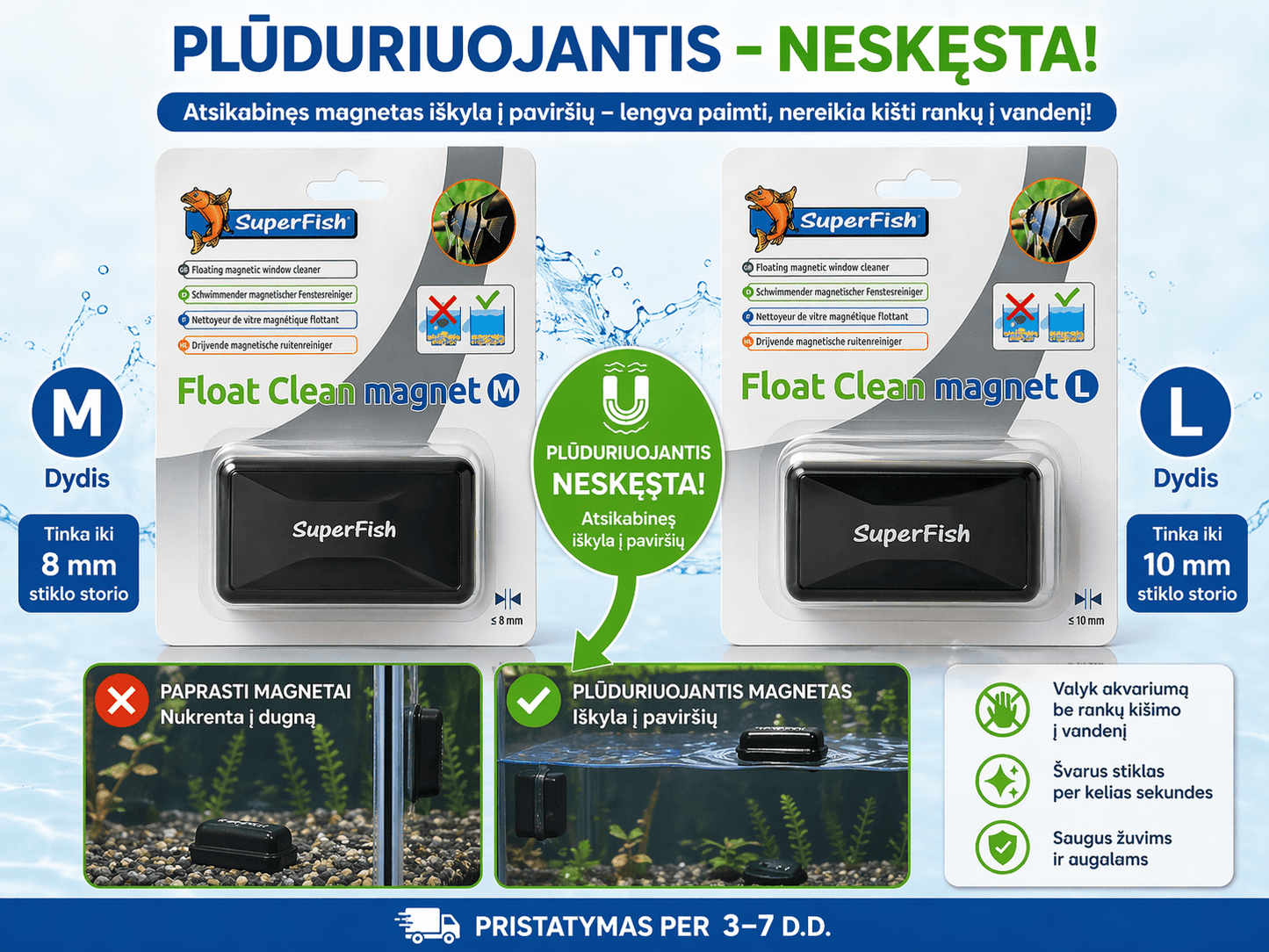 Akvariumo stiklo valymo magnetas su plūduriavimu (Float Clean) – be rankų kišimo į vandenį