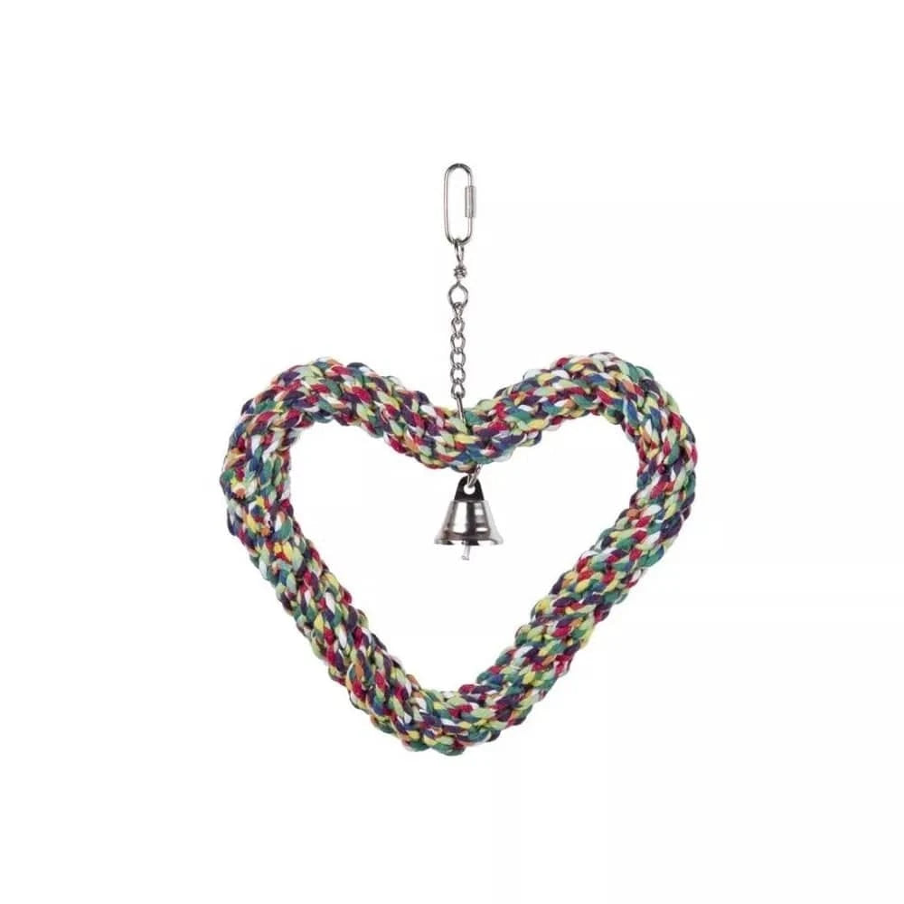 Žaislas paukščiams virvinė širdelė su varpeliu, 27x21 cm