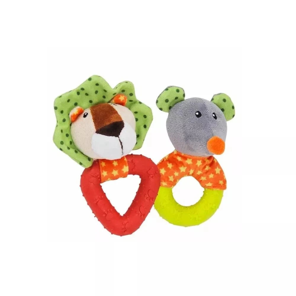 Žaislas šunims pliušinis gyvūnas su gumine detale (liūtas, pelė), 12+15 cm